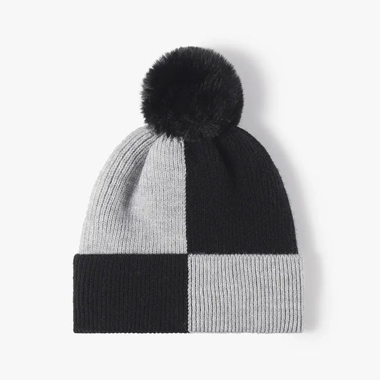 Color Block Knit Hat with Pom-pom - adritiX