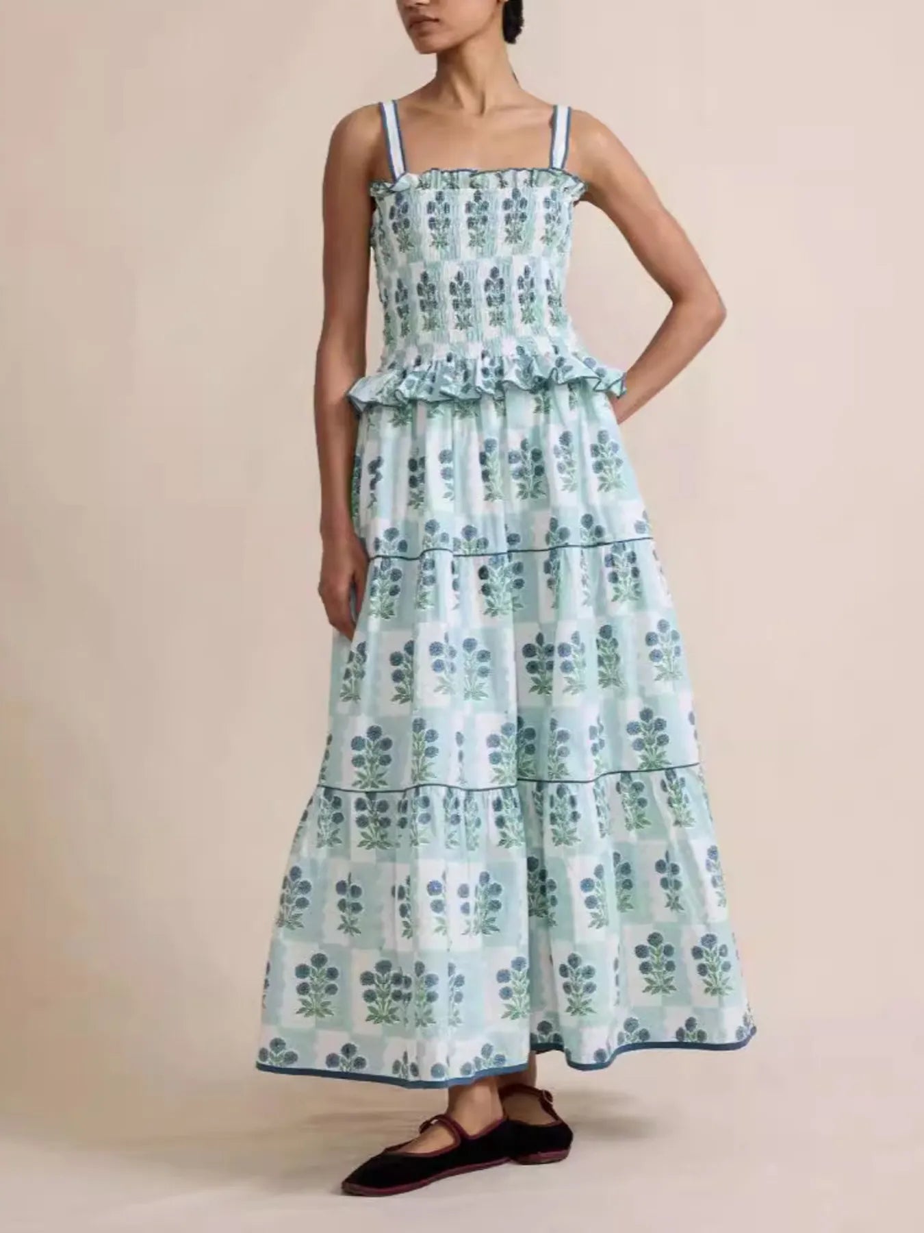 Bohemian Floral Print Smocked Tiered Maxi Dress - adritiX
