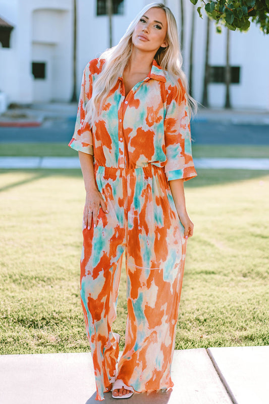 Elegant Tie-Dye Collared Wide Leg Jumpsuit - adritiX