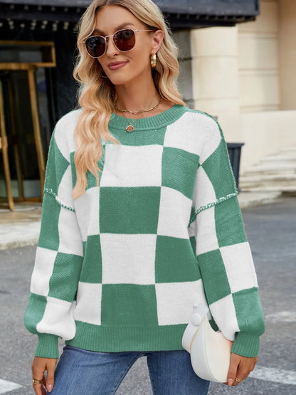 Checkered Round Neck Long Sleeve Sweater - adritiX