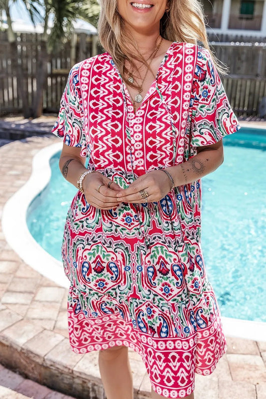 Printed Tie Neck Short Sleeve Dress - adritiX