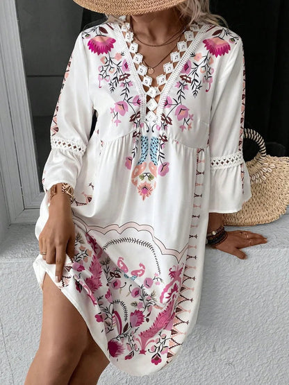 Lace Detail Printed Three-Quarter Sleeve Dress - adritiX