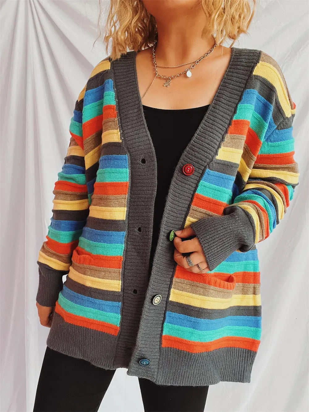 Contrast Stripes Button Up Long Sleeve Cardigan - adritiX