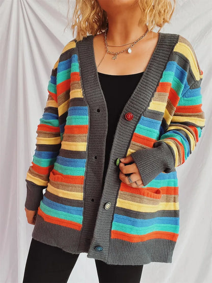 Contrast Stripes Button Up Long Sleeve Cardigan - adritiX