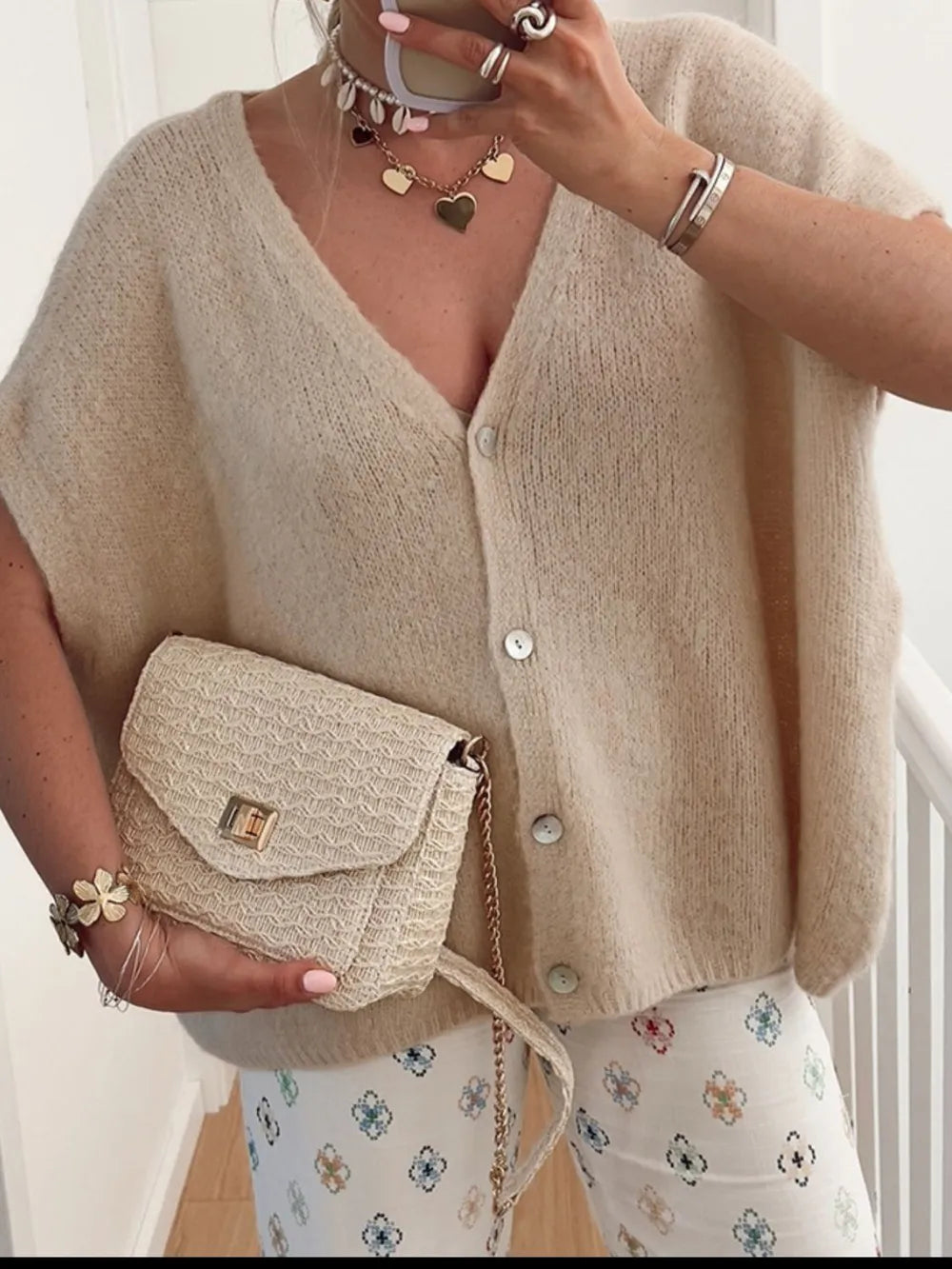 V-Neck Button Up Short Sleeve Cardigan - adritiX
