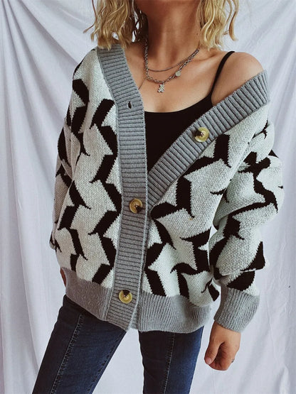 Contrast Trim Geometric V-Neck Long Sleeve Cardigan - adritiX