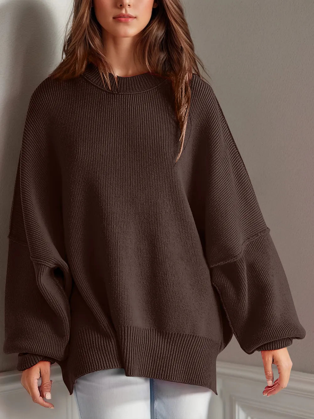 Double Take Side Slit Round Neck Long Sleeve Sweater - adritiX