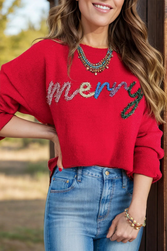 Elegant MERRY Round Neck Long Sleeve Sweater - adritiX