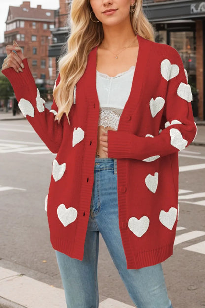 Heart Button Down Long Sleeve Cardigan - adritiX