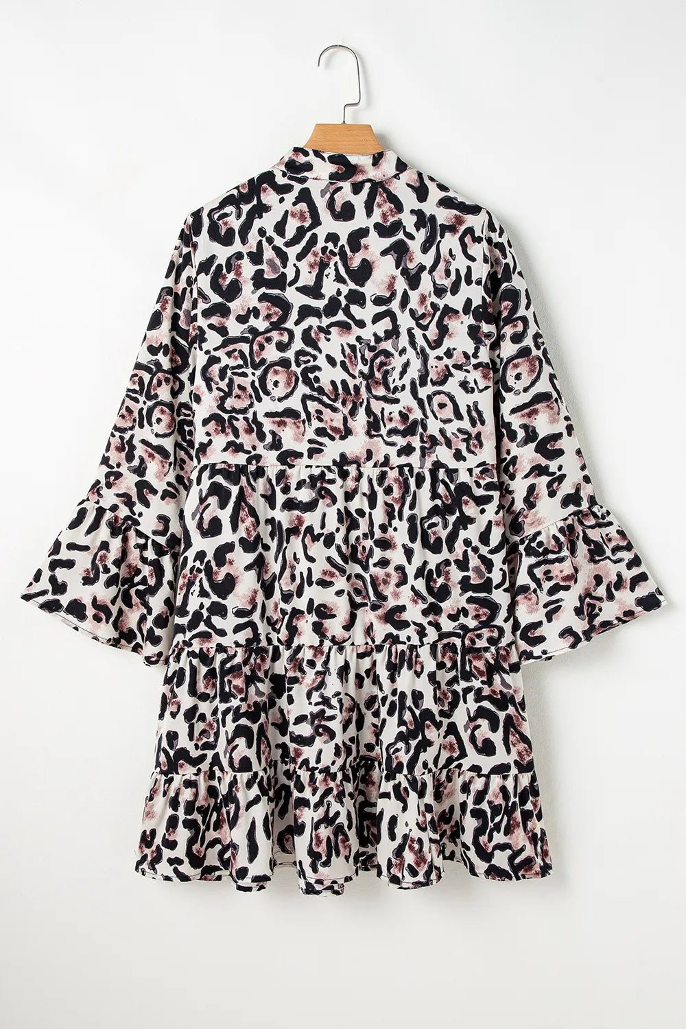 Leopard Print Buttoned Front 3/4 Sleeve Tiered Ruffled Hem Dress - adritiX