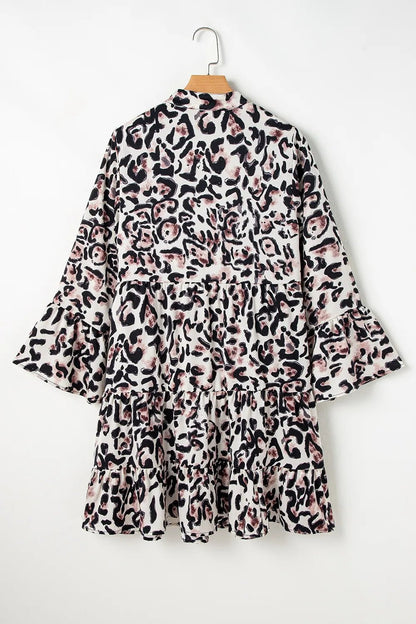 Leopard Print Buttoned Front 3/4 Sleeve Tiered Ruffled Hem Dress - adritiX