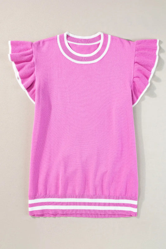 Ruffled Round Neck Cap Sleeve Knit Top - adritiX