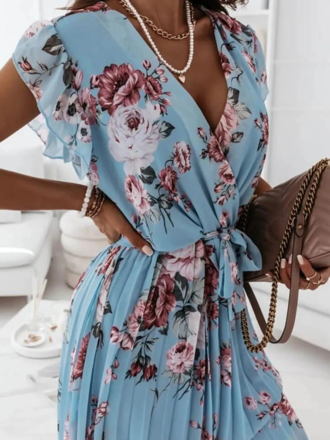 Floral Surplice Ruffled Cap Sleeve Dress - adritiX