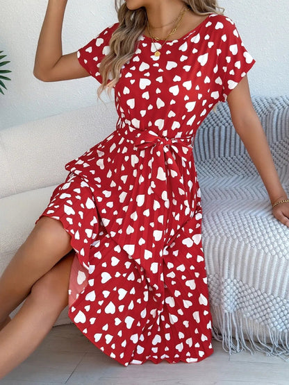 Heart Print Short Sleeve Tie Waist Dress - adritiX
