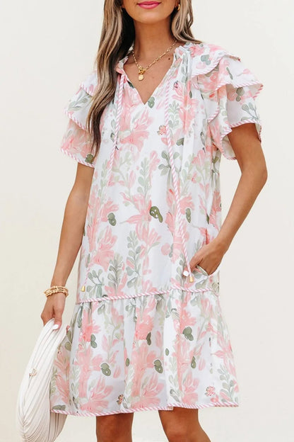 Floral Contrast Edge Layered Short Sleeve Mini Dress - adritiX