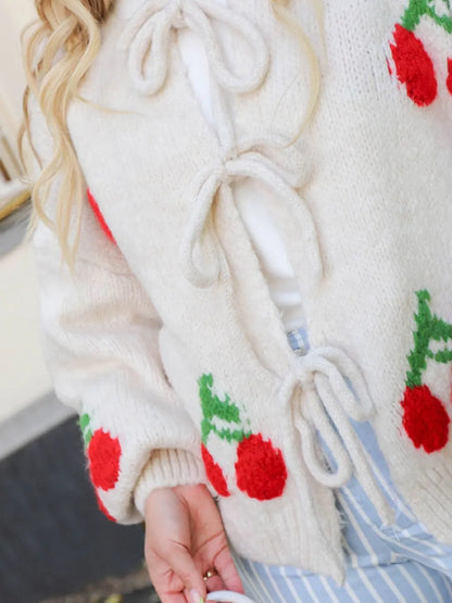 Tied Cherry Round Neck Long Sleeve Cardigan - adritiX