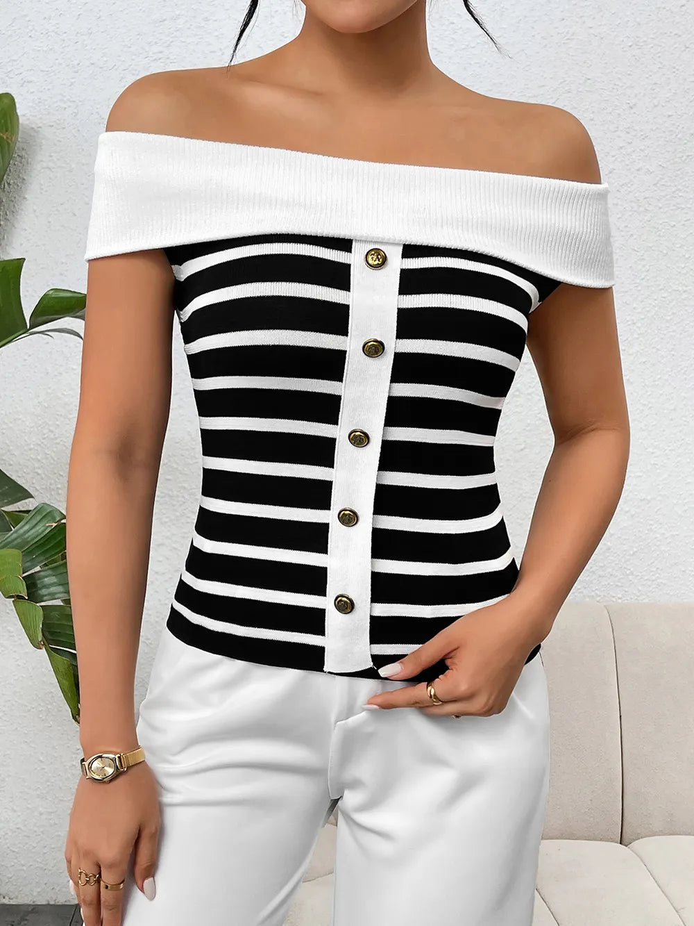 Decorative Button Striped Off-Shoulder Knit Top - adritiX