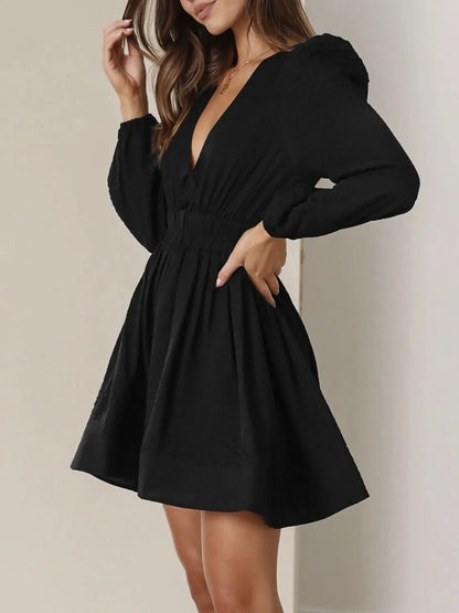 Ruched V-Neck Balloon Sleeve Mini Dress - adritiX