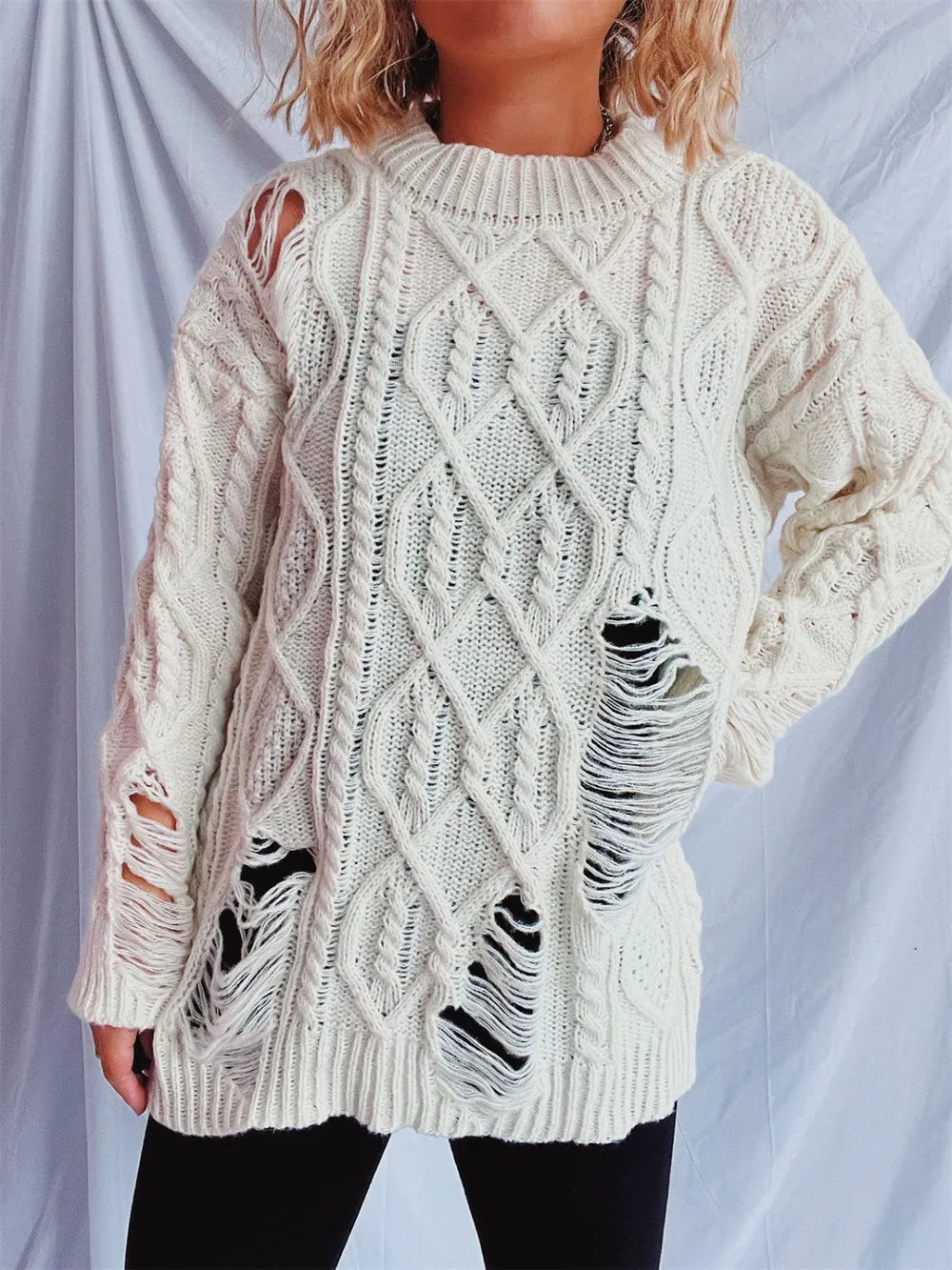 Distressed Cable-Knit Round Neck Long Sleeve Sweater - adritiX