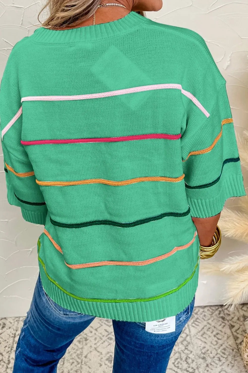 Striped Round Neck Half Sleeve Sweater - adritiX