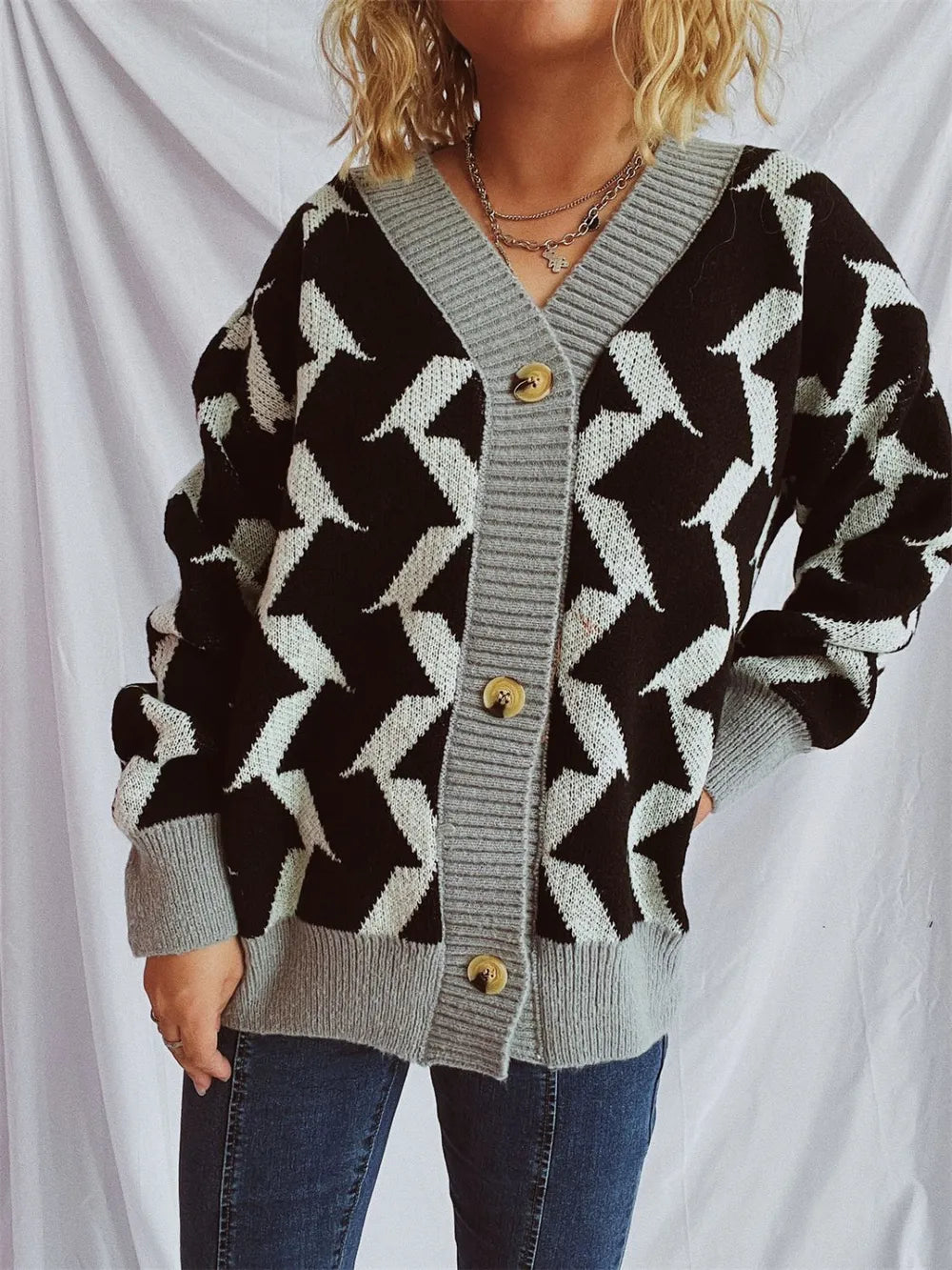 Contrast Trim Geometric V-Neck Long Sleeve Cardigan - adritiX