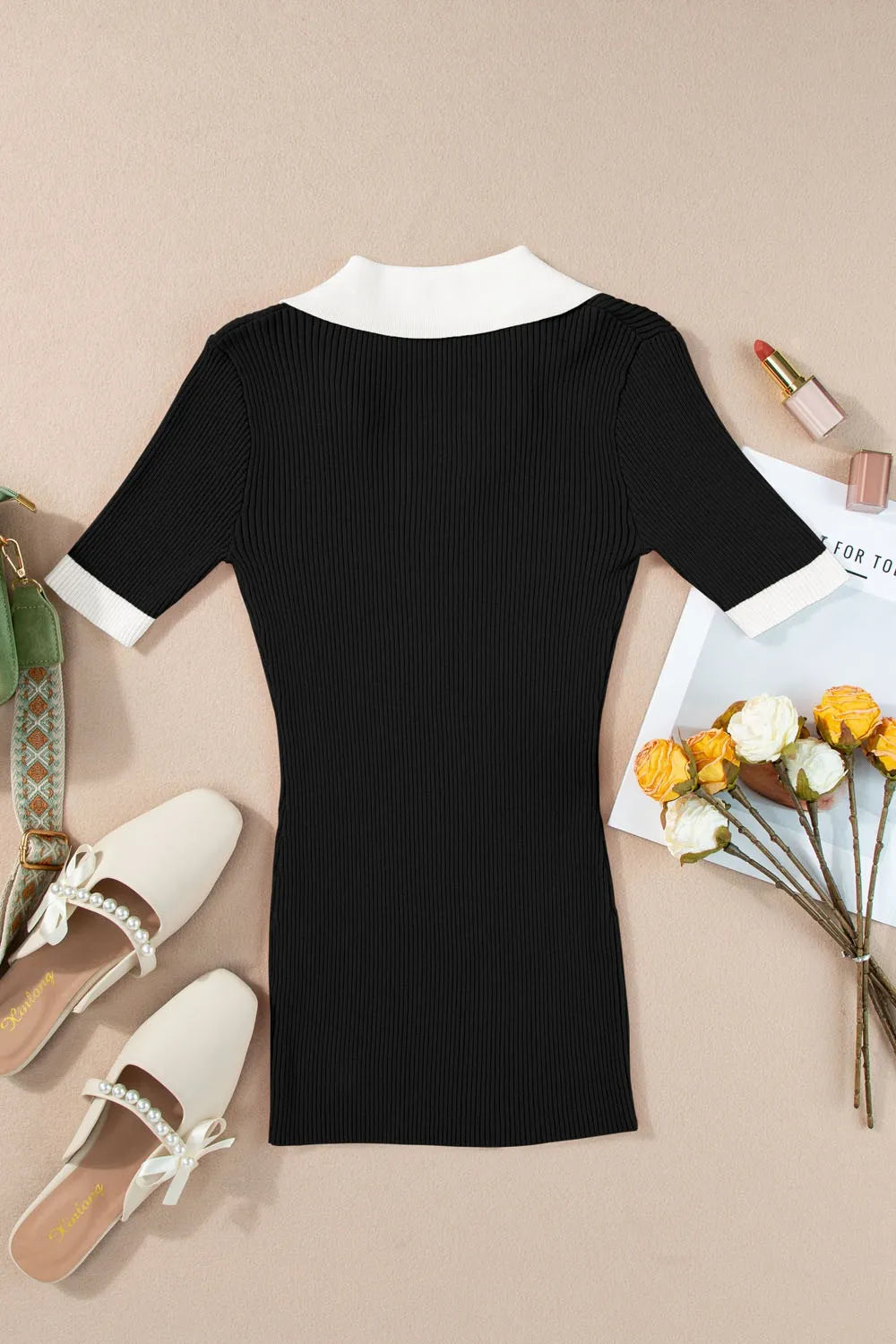 Contrast Collared Neck Ribbed Knit Top - adritiX