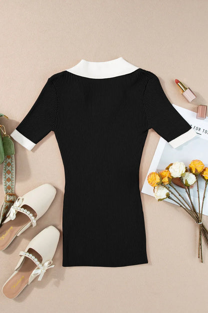 Contrast Collared Neck Ribbed Knit Top - adritiX