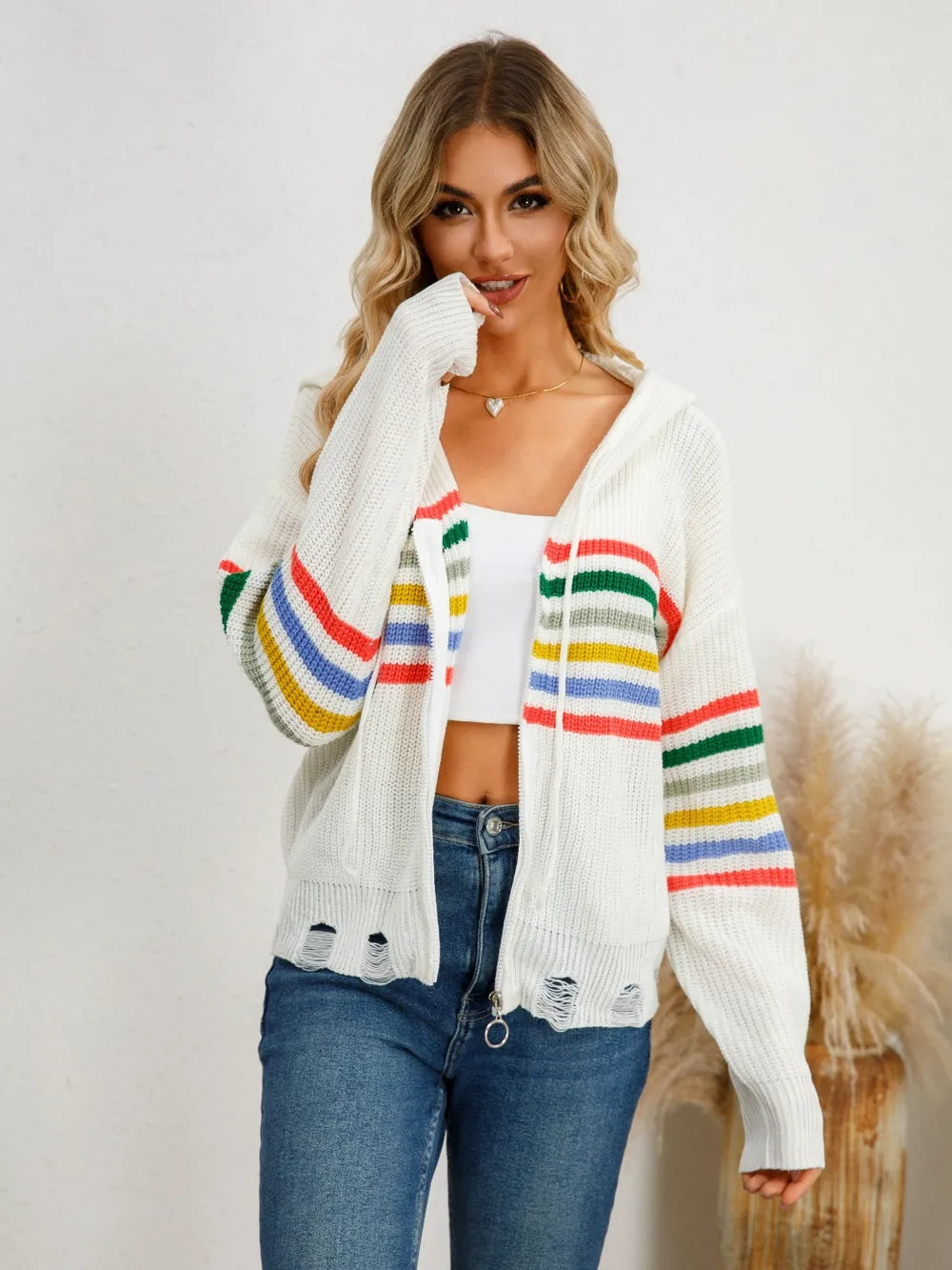 Drawstring Striped Dropped Shoulder Hooded Cardigan - adritiX