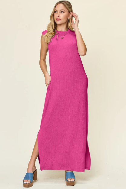 Double Take Full Size Texture Mock Neck Sleeveless Maxi Dress - adritiX