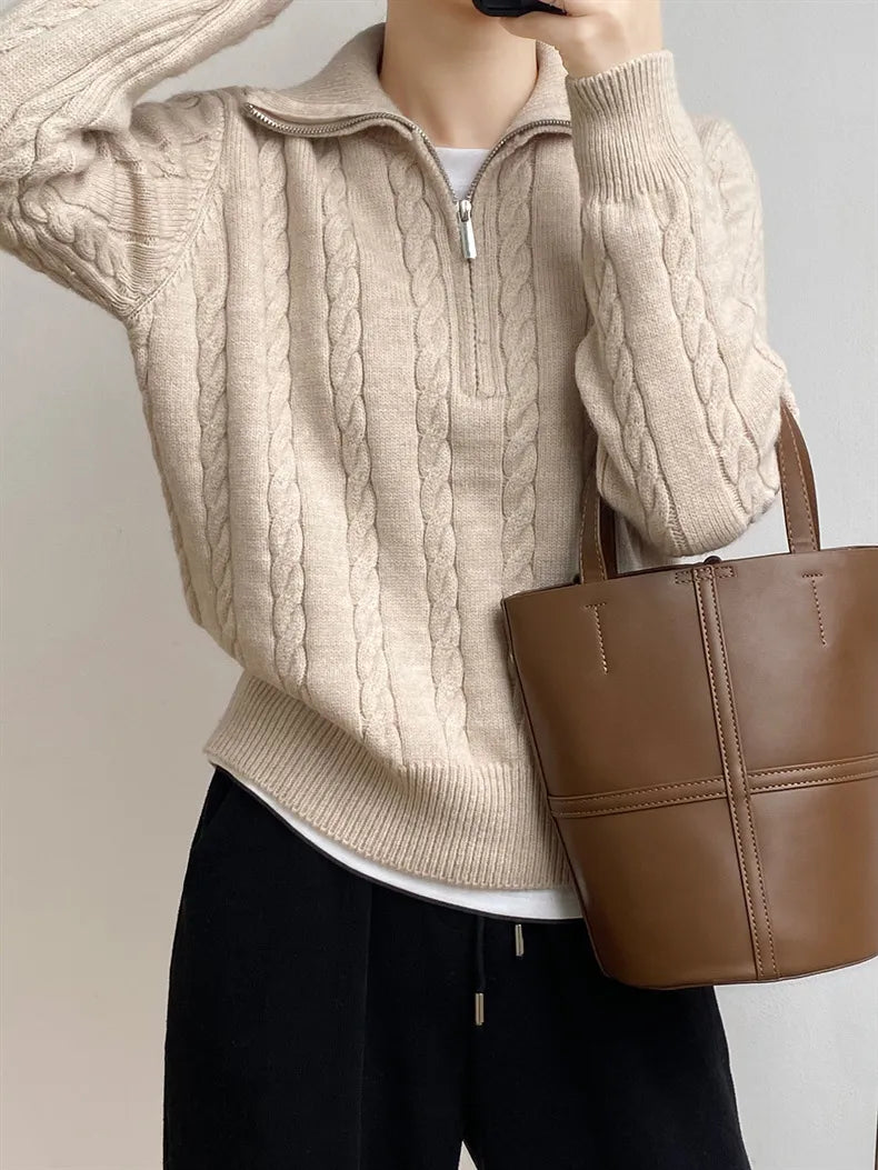 Cable-Knit Half Zip Long Sleeve Sweater - adritiX