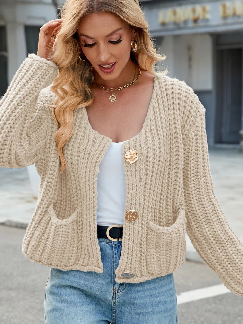 Round Neck Button Up Cardigan with Pockets - adritiX