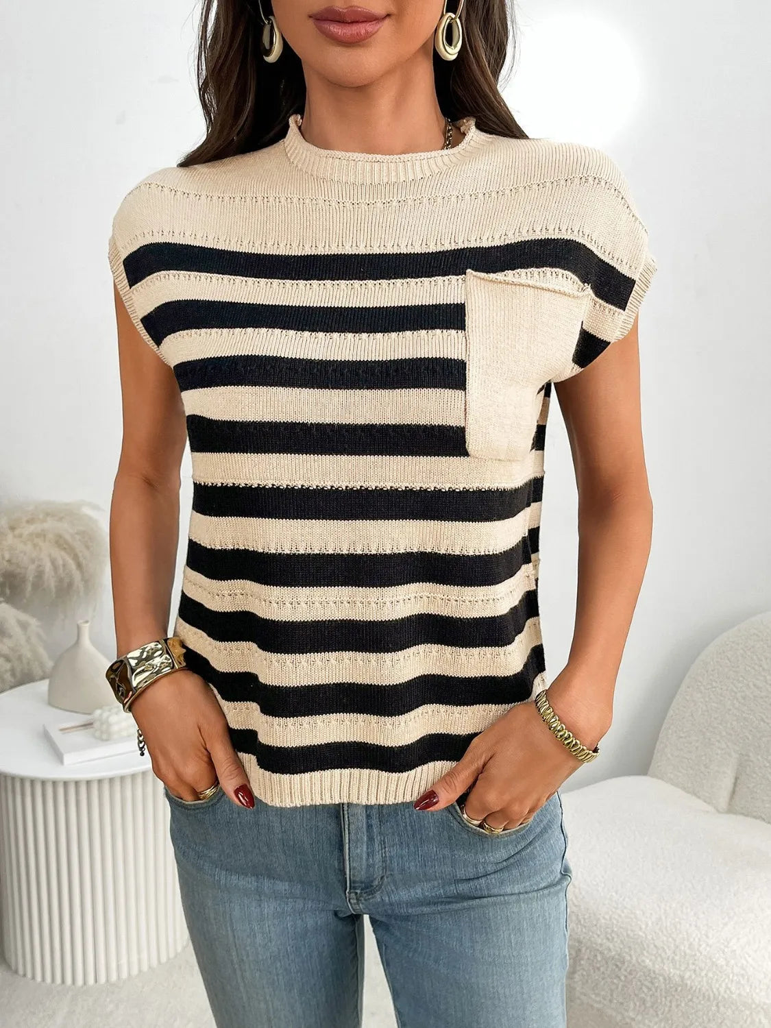 Striped Mock Neck Cap Sleeve Knit Top - adritiX