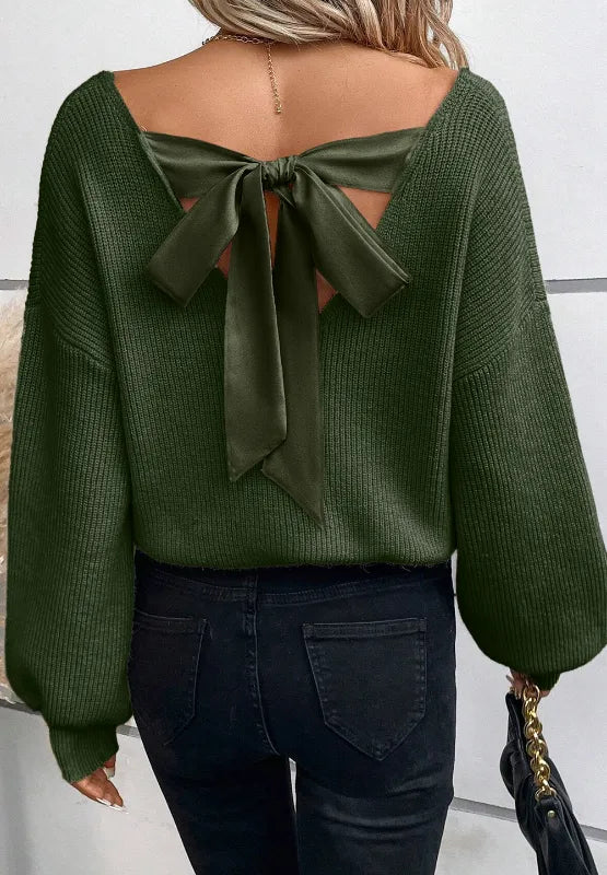 Tied Back V-Neck Long Sleeve Sweater - adritiX