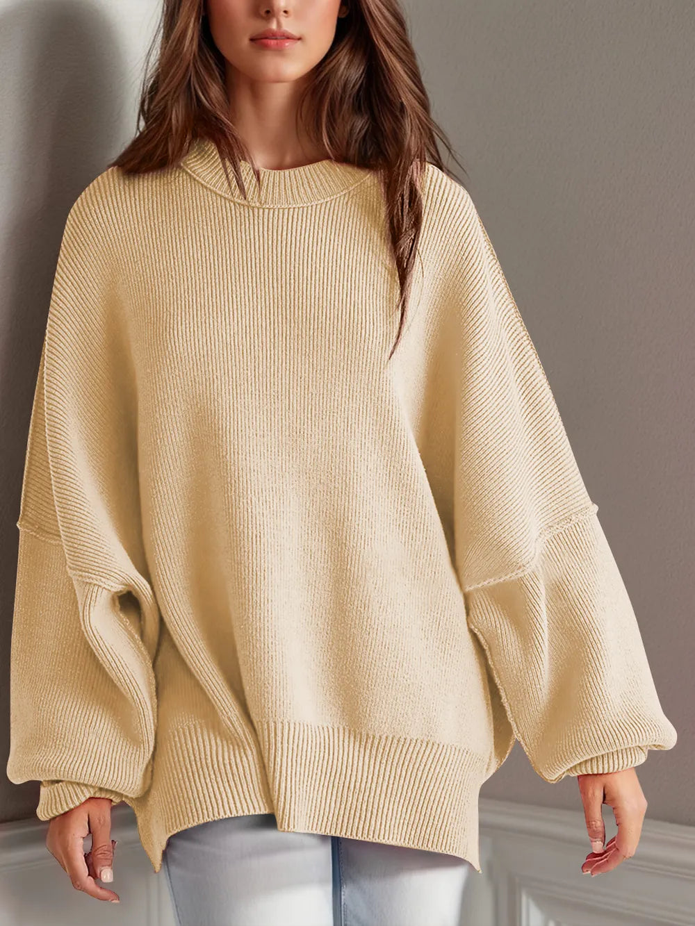 Double Take Side Slit Round Neck Long Sleeve Sweater - adritiX