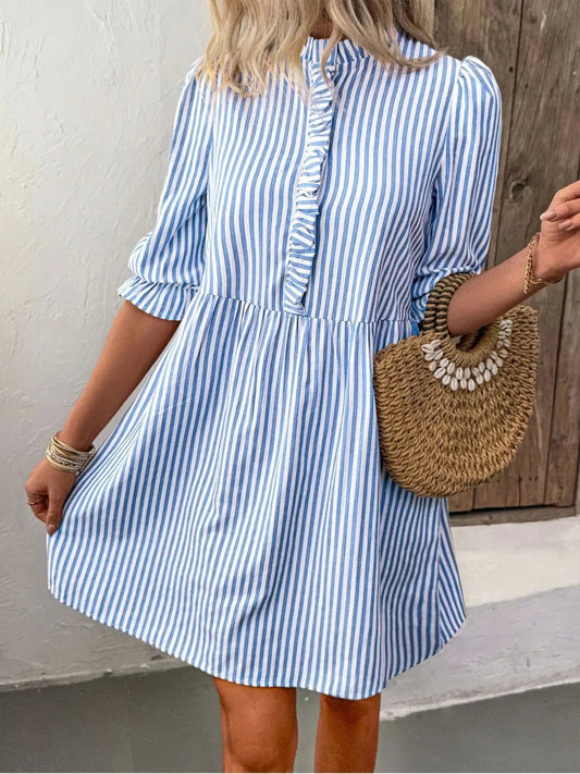 Striped Half Sleeve Mini Shirt Dress - adritiX