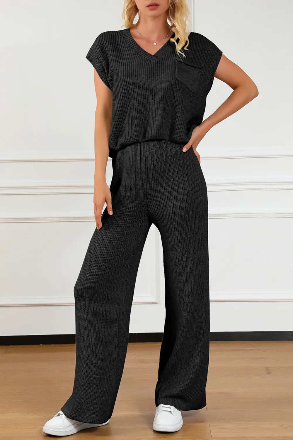 Pocketed V-Neck Top and Wide Leg Sweater Set - adritiX