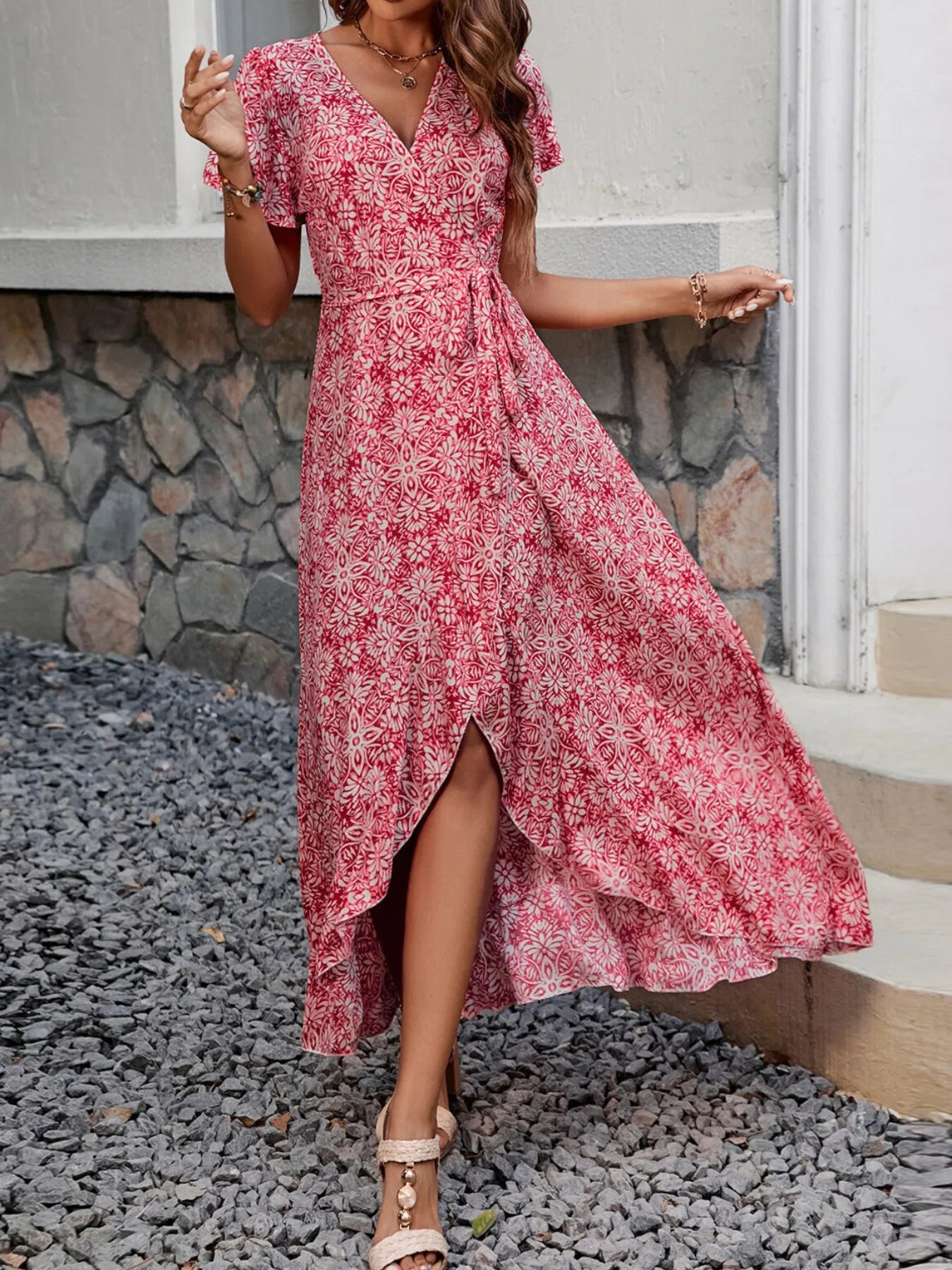 Printed Surplice Maxi Dress with Flutter Sleeves - adritiX
