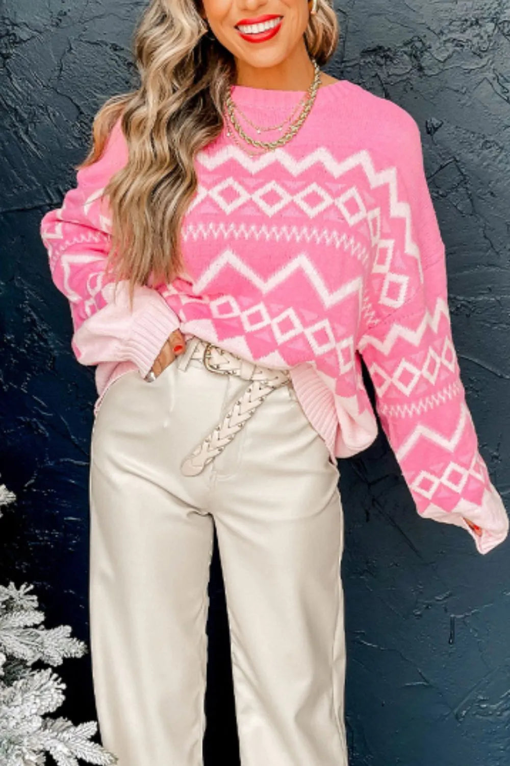 Geometric Drop Shoulder Long Sleeve Sweater - adritiX