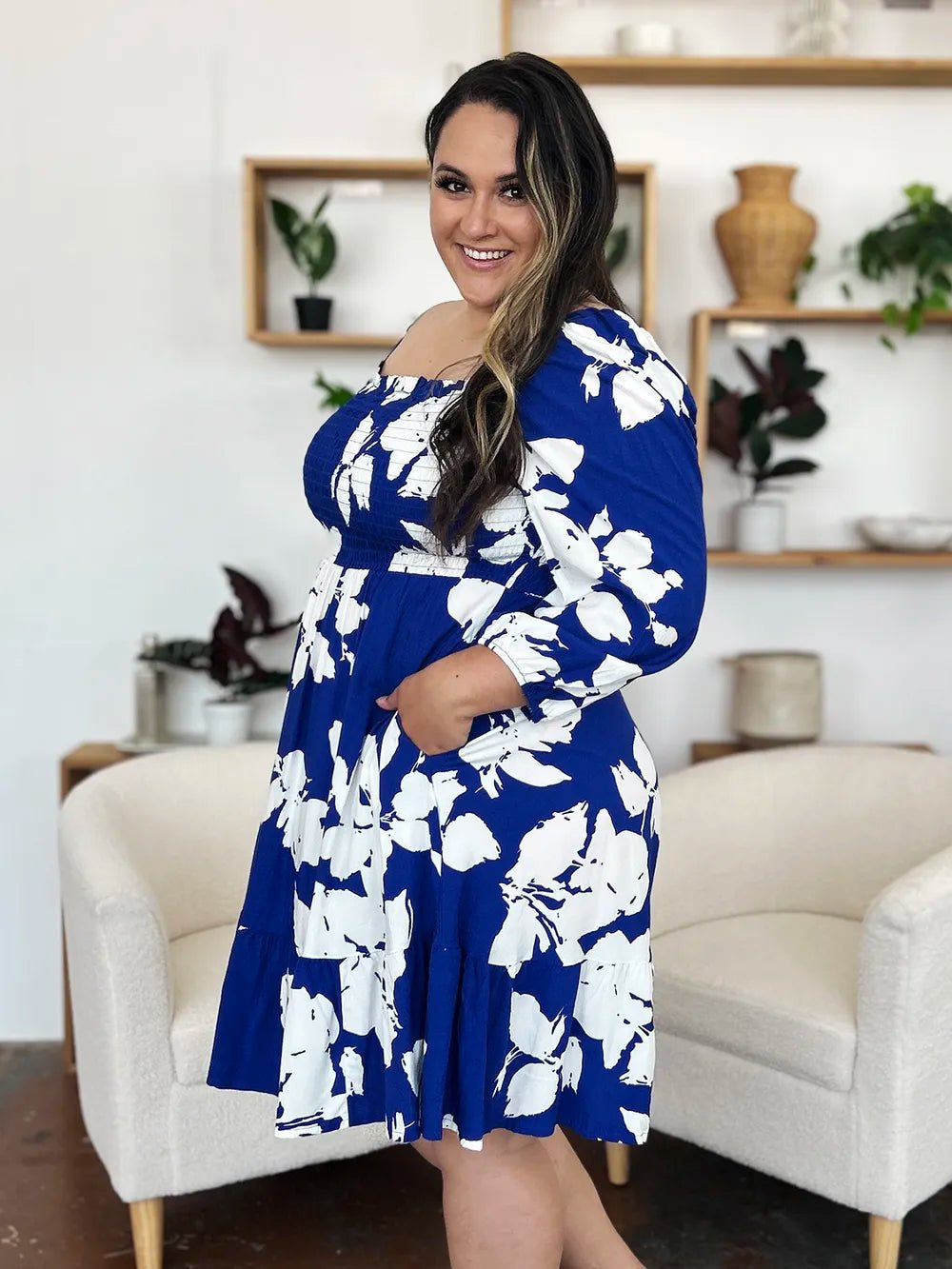 Double Take Full Size Floral Ruffle Hem Smocked Dress with Pockets - adritiX