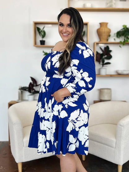 Double Take Full Size Floral Ruffle Hem Smocked Dress with Pockets - adritiX