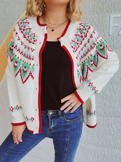 Contrast Geometric Round Neck Long Sleeve Cardigan - adritiX