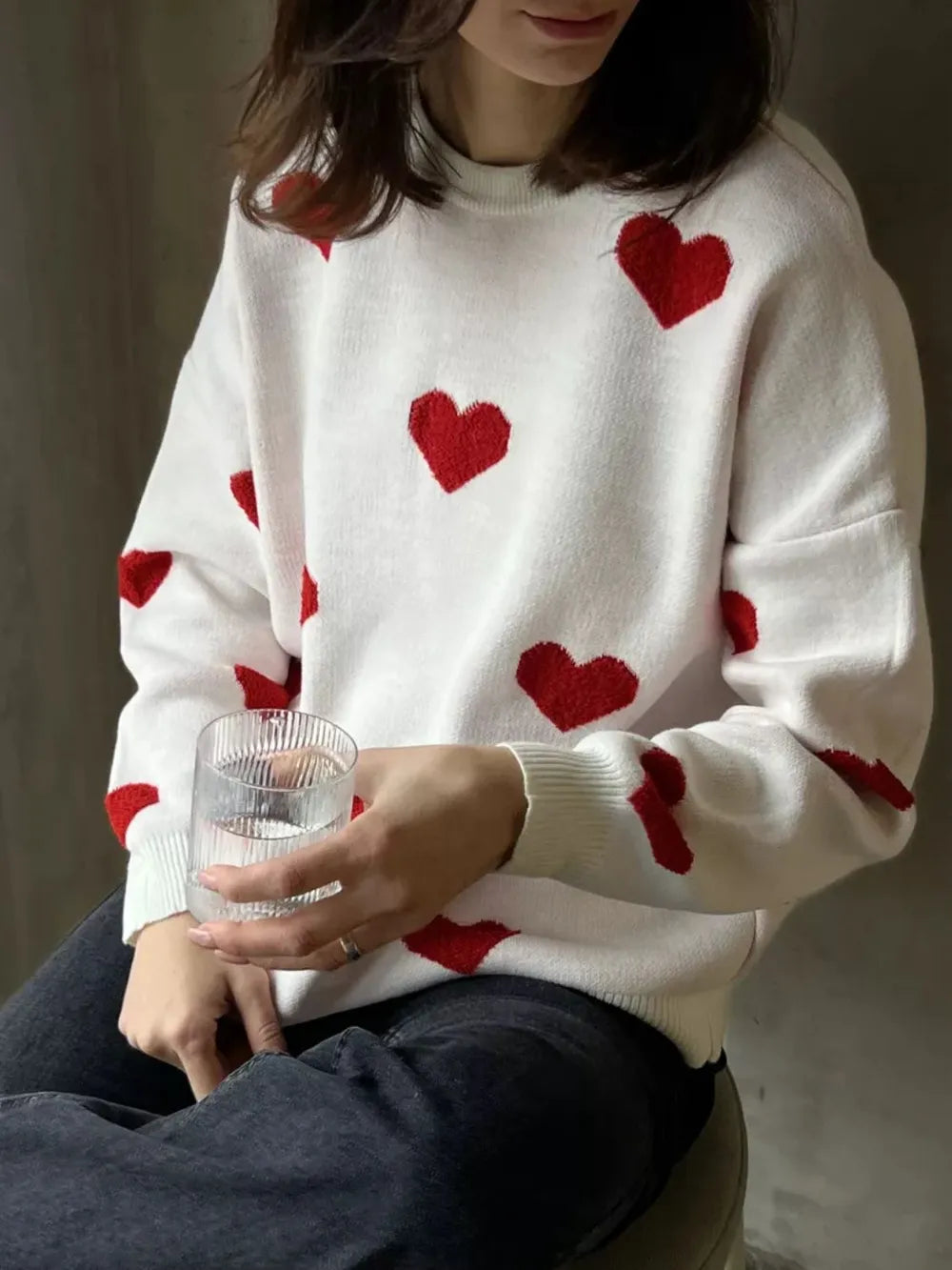 Heart Round Neck Dropped Shoulder Sweater - adritiX