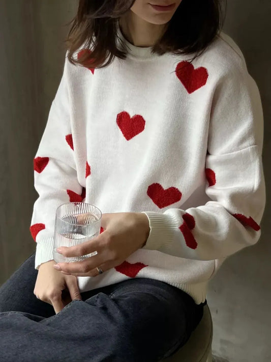 Heart Round Neck Dropped Shoulder Sweater - adritiX