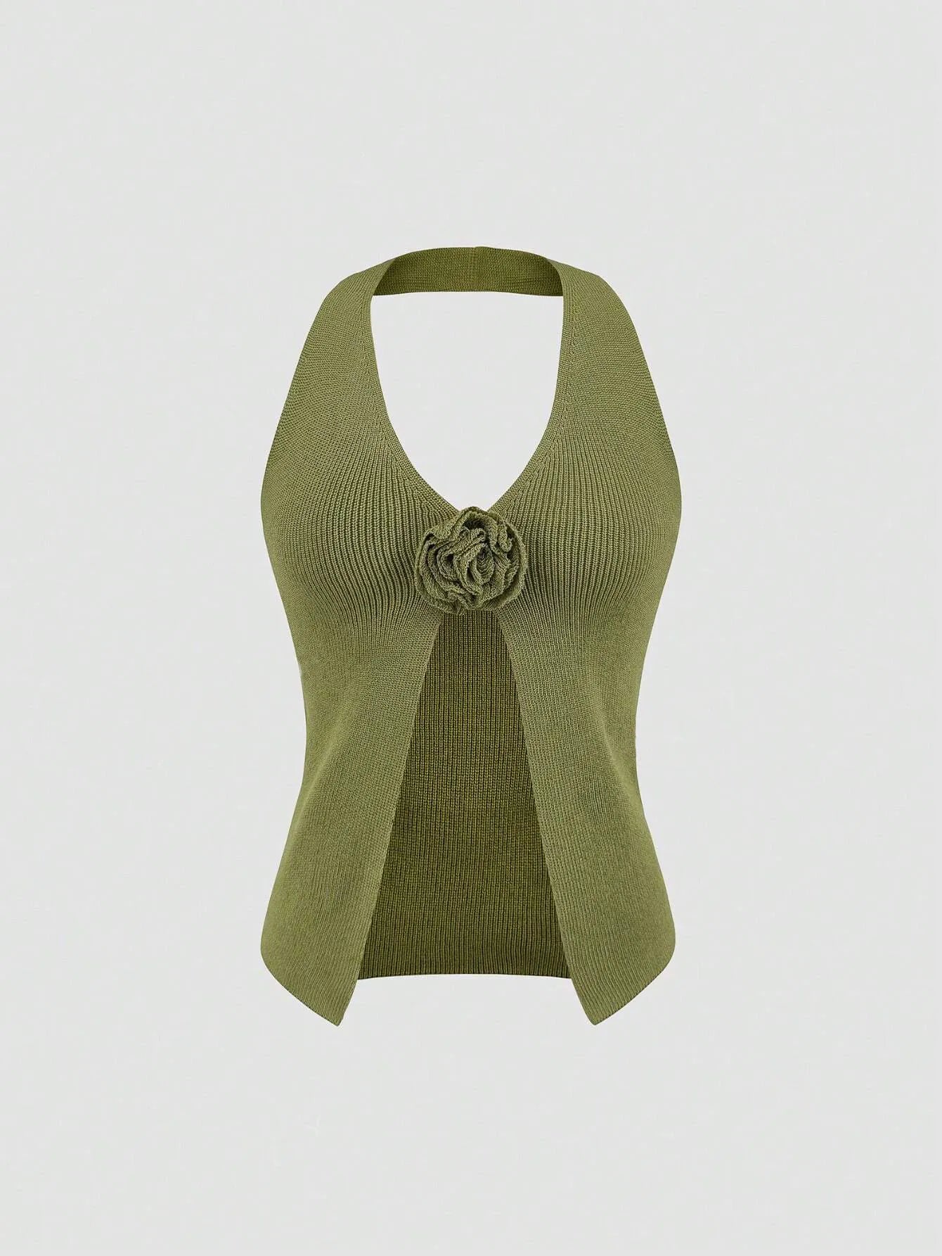 V-Neck Ribbed Knit Sweater Vest with Flower Detail - adritiX