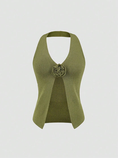 V-Neck Ribbed Knit Sweater Vest with Flower Detail - adritiX