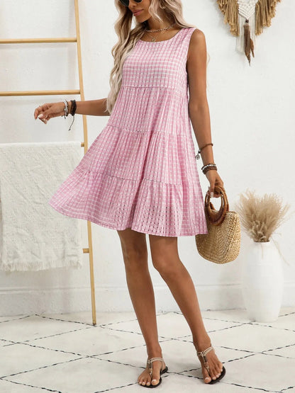 Plaid Round Neck Sleeveless Mini Dress - adritiX