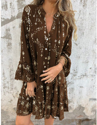 Elegant Bronzing Fashion Horn Lace Sleeve Hollow Dress - adritiX