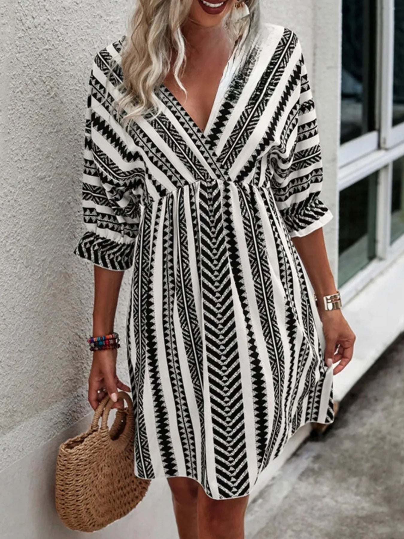 Geometric Print V-Neck Mini Dress - adritiX