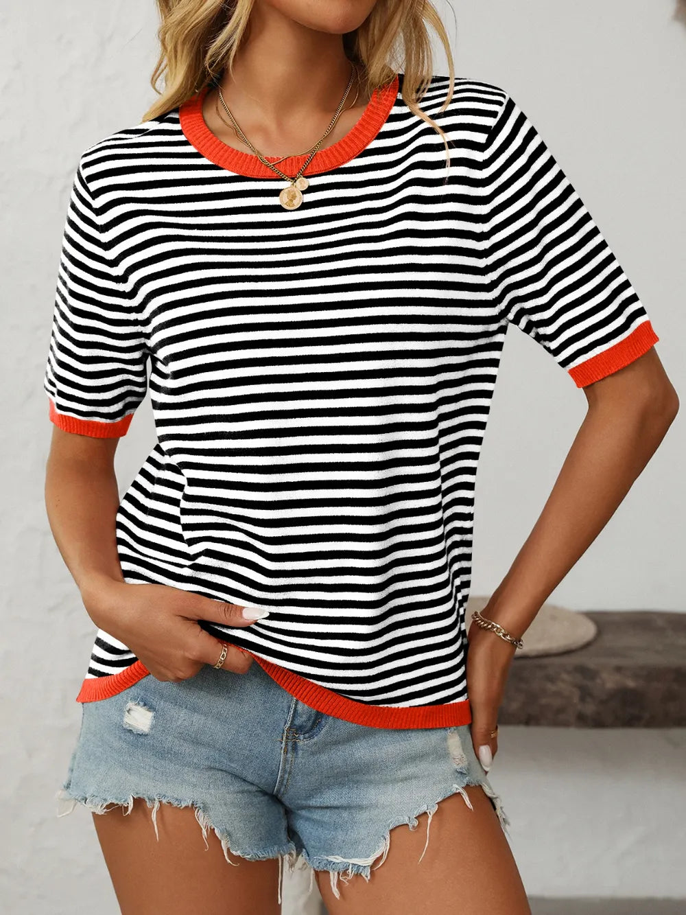Mandy Striped Round Neck Half Sleeve Knit Top - adritiX