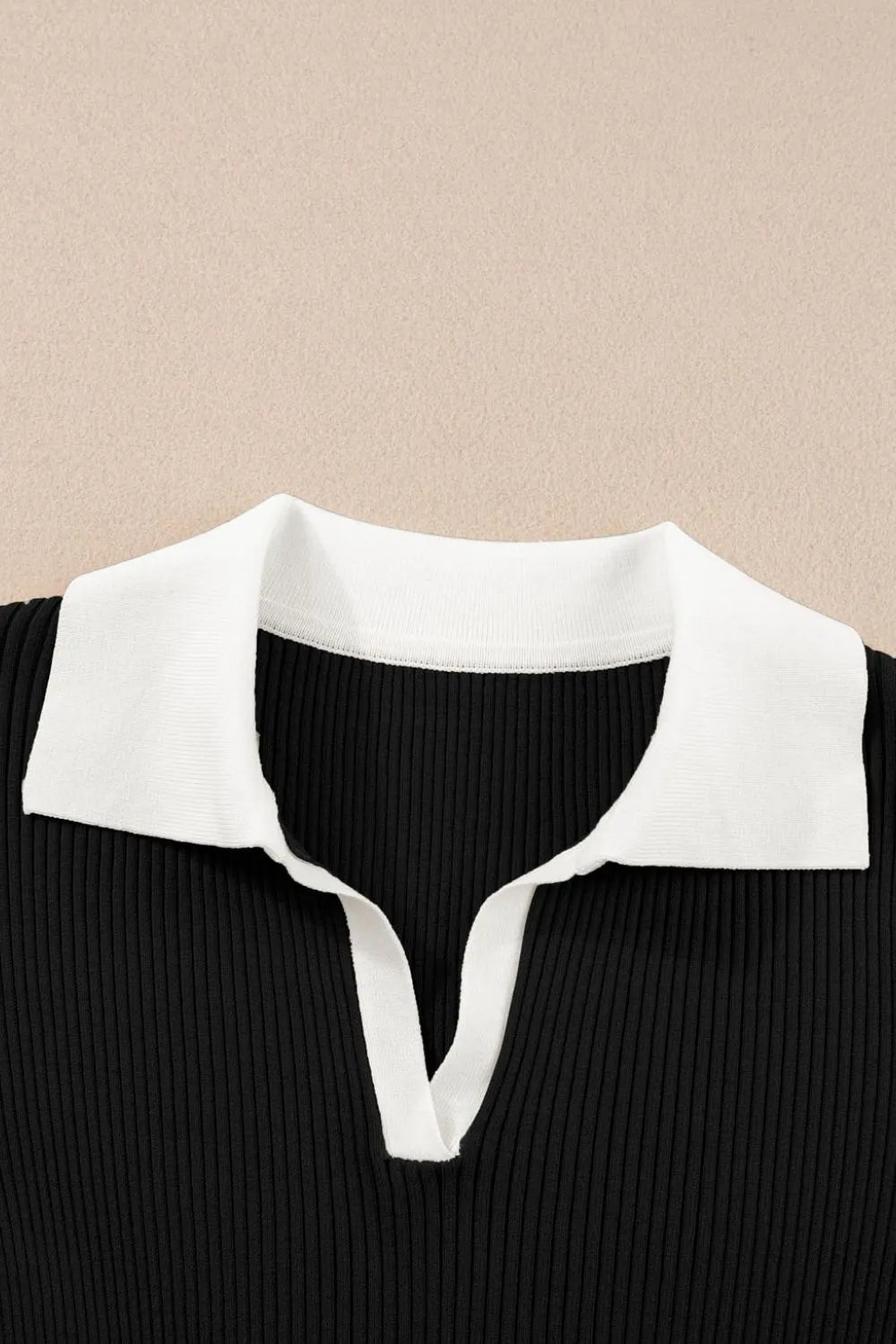 Contrast Collared Neck Ribbed Knit Top - adritiX